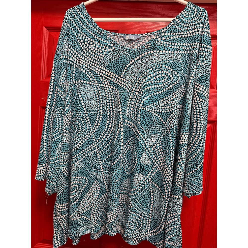 Koret Woman Teal Black White Abstract Dot Print V-Neck 3/4 Sleeve Tunic Top